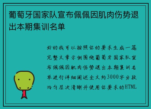葡萄牙国家队宣布佩佩因肌肉伤势退出本期集训名单